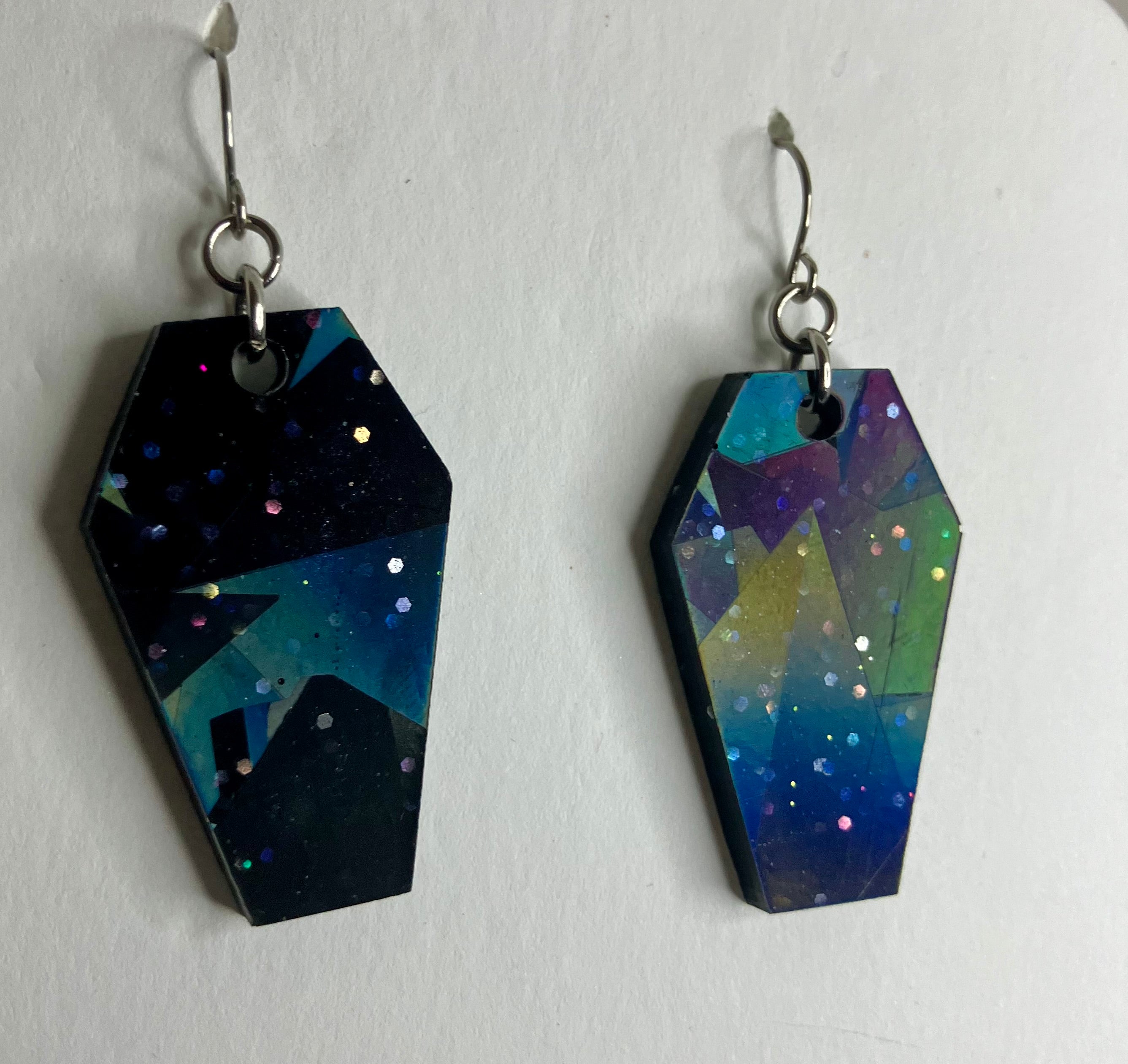 Holographic coffin resin earrings