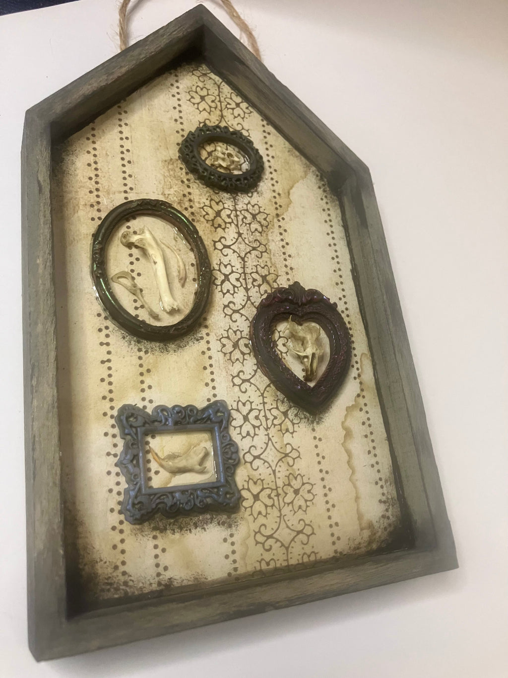 Shadow box houses with small framed bones