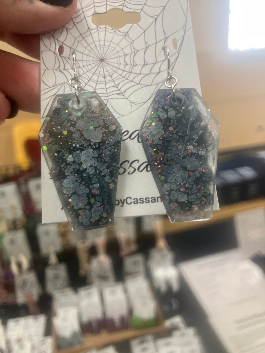 Holographic coffin resin earrings