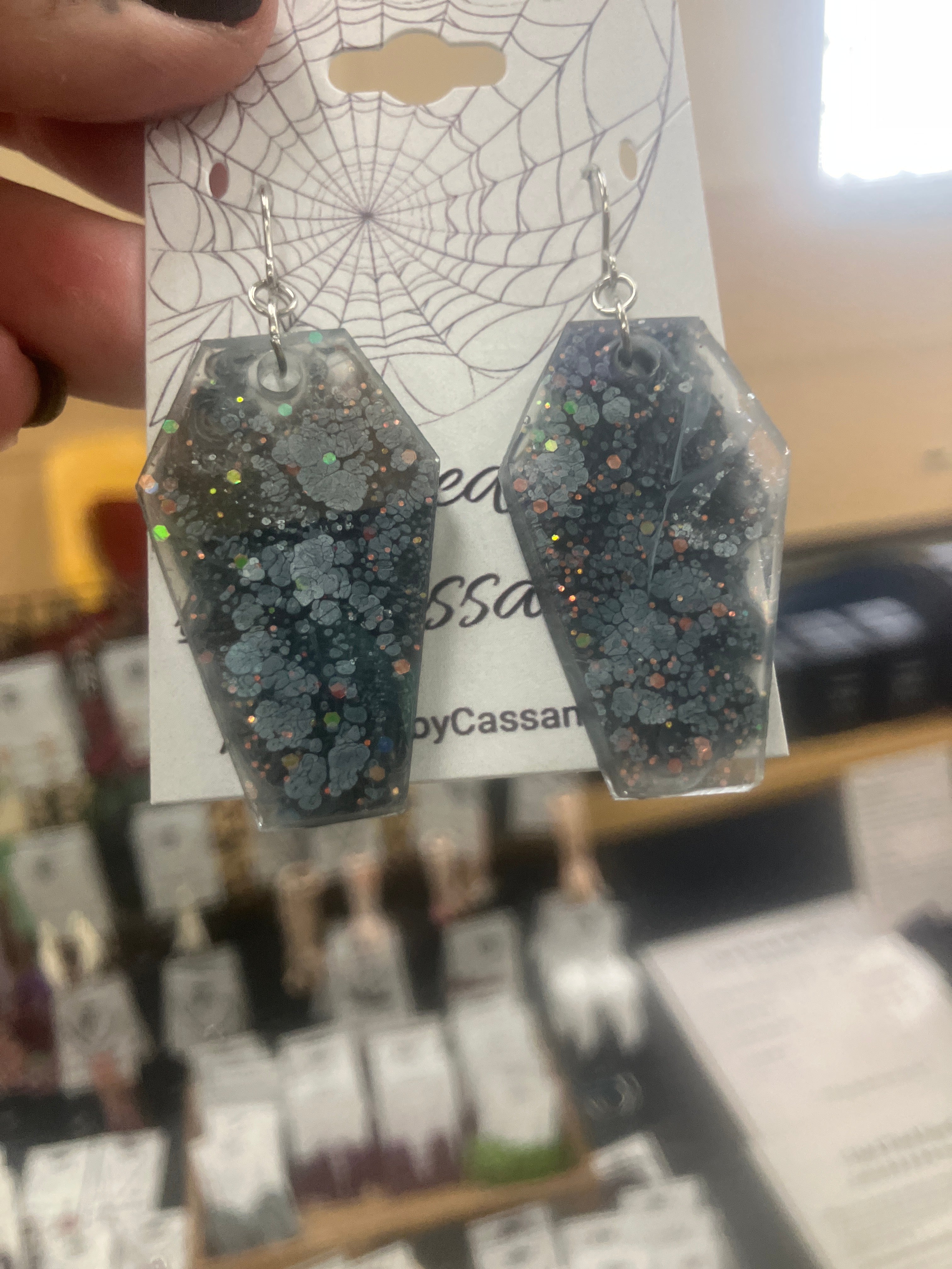 Holographic coffin resin earrings