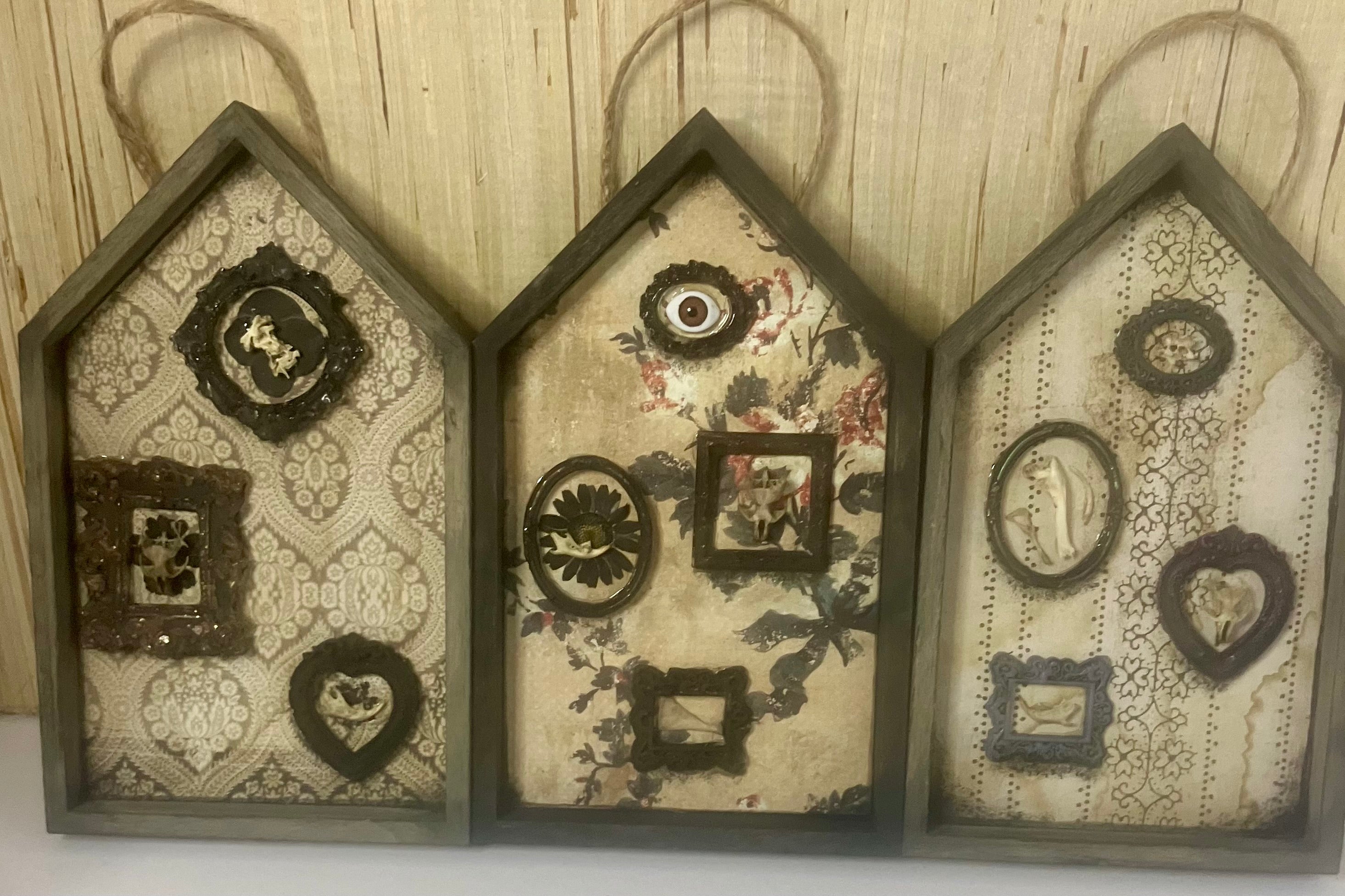 Shadow box houses with small framed bones