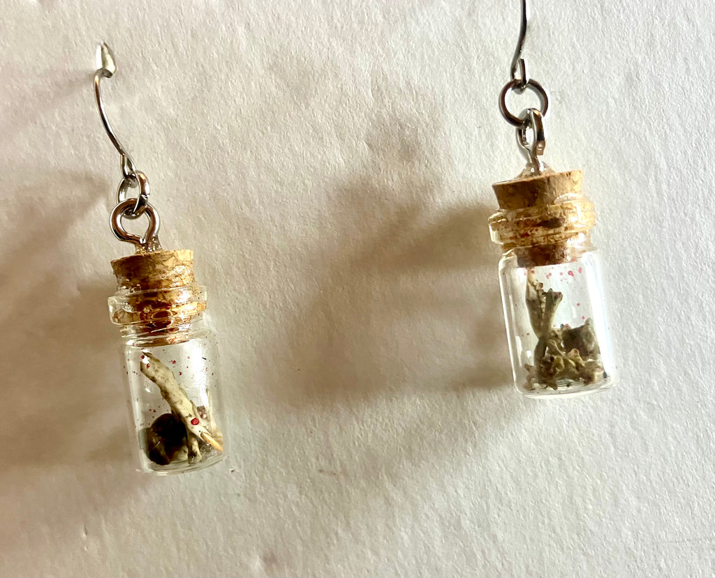 Tiny bone filled vial earrings