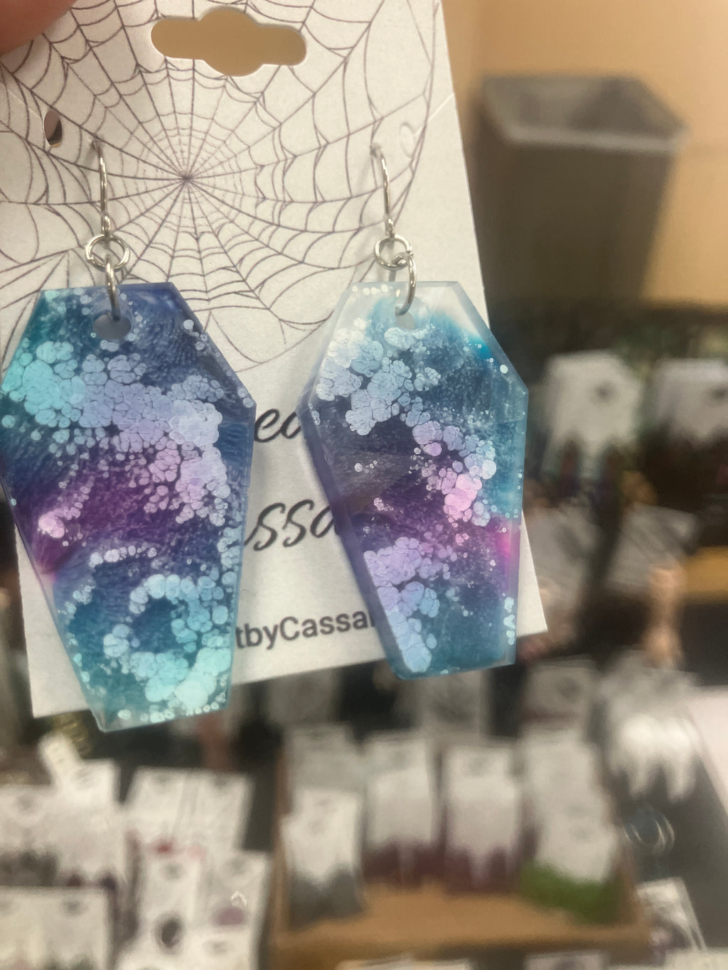 Holographic coffin resin earrings